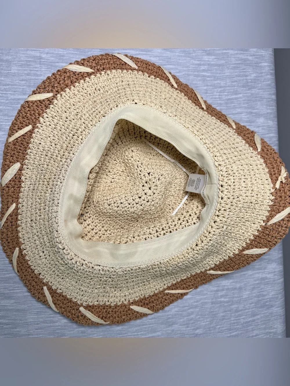By Anthropologie Crochet Paper Floppy Sun Hat Cream Tan Colorblock Whipstitch OS